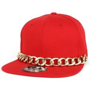 Red Snapback Hat with Gold Chain Detail | Bold & Stylish Accessory